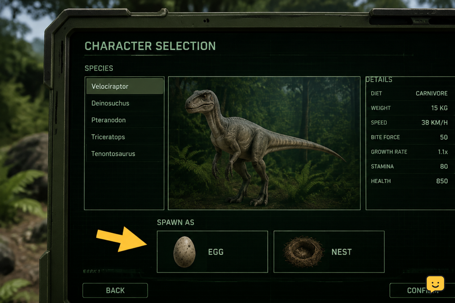 The Isle Evrima character-selection screen with the nest or egg option highlighted