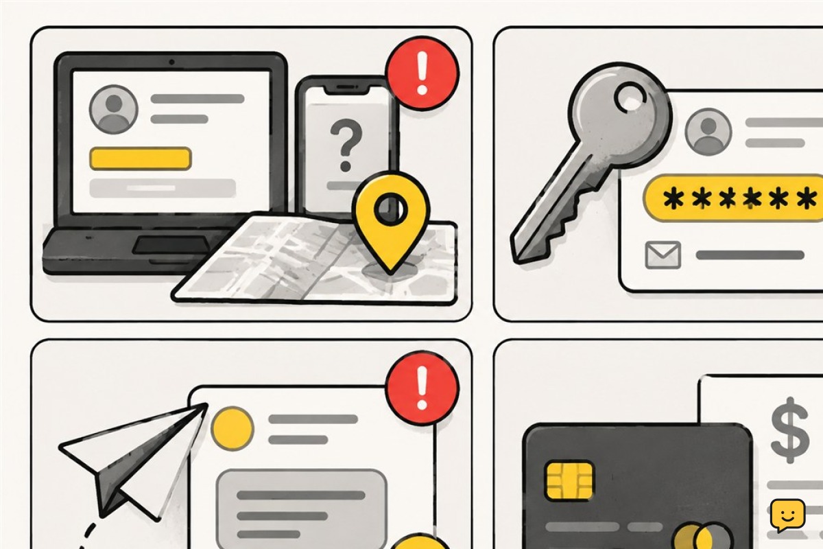 Four strong signs of account compromise shown as diagnostic tiles