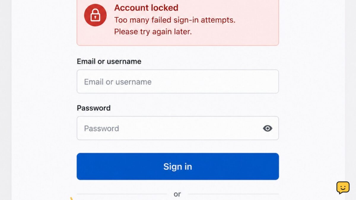 Generic online account sign-in screen showing a too-many-attempts lock message and an official recovery option