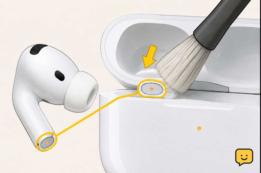 Close view of an AirPod charging end and the matching contact inside its case bay