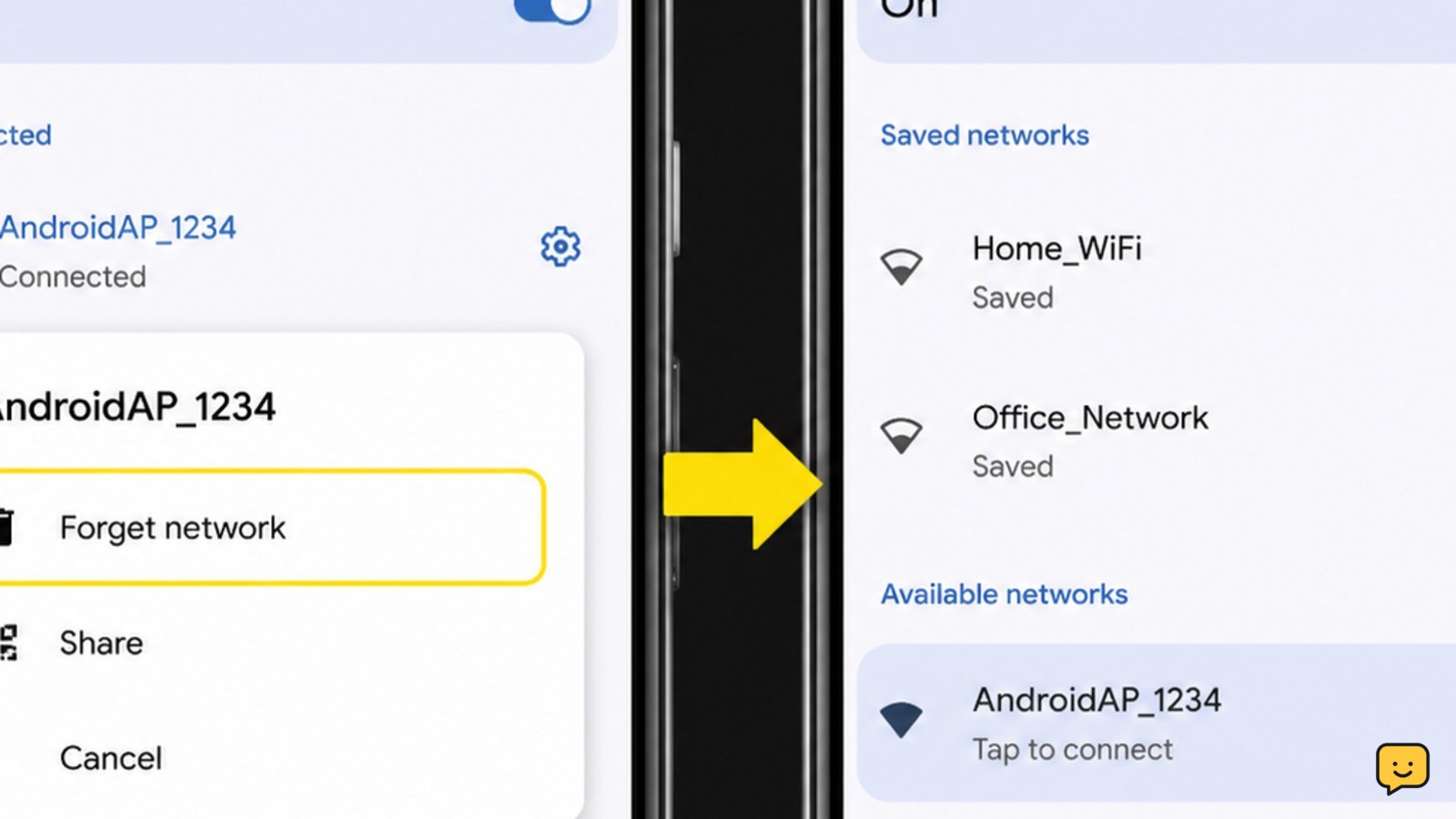 Wi-Fi settings showing an Android hotspot network with the Forget network option