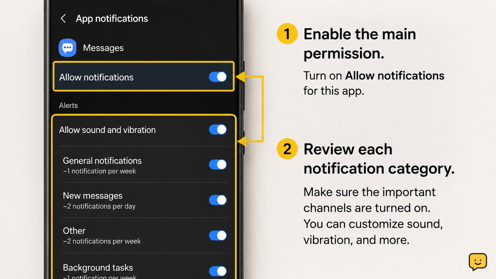 Android app notification page showing Allow notifications and notification categories enabled