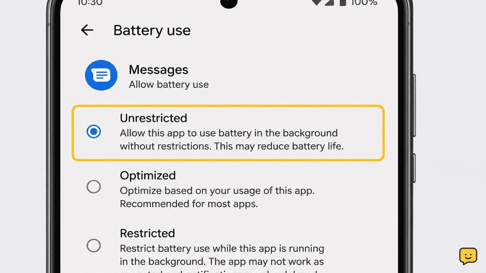 Android app battery settings page with Unrestricted selected