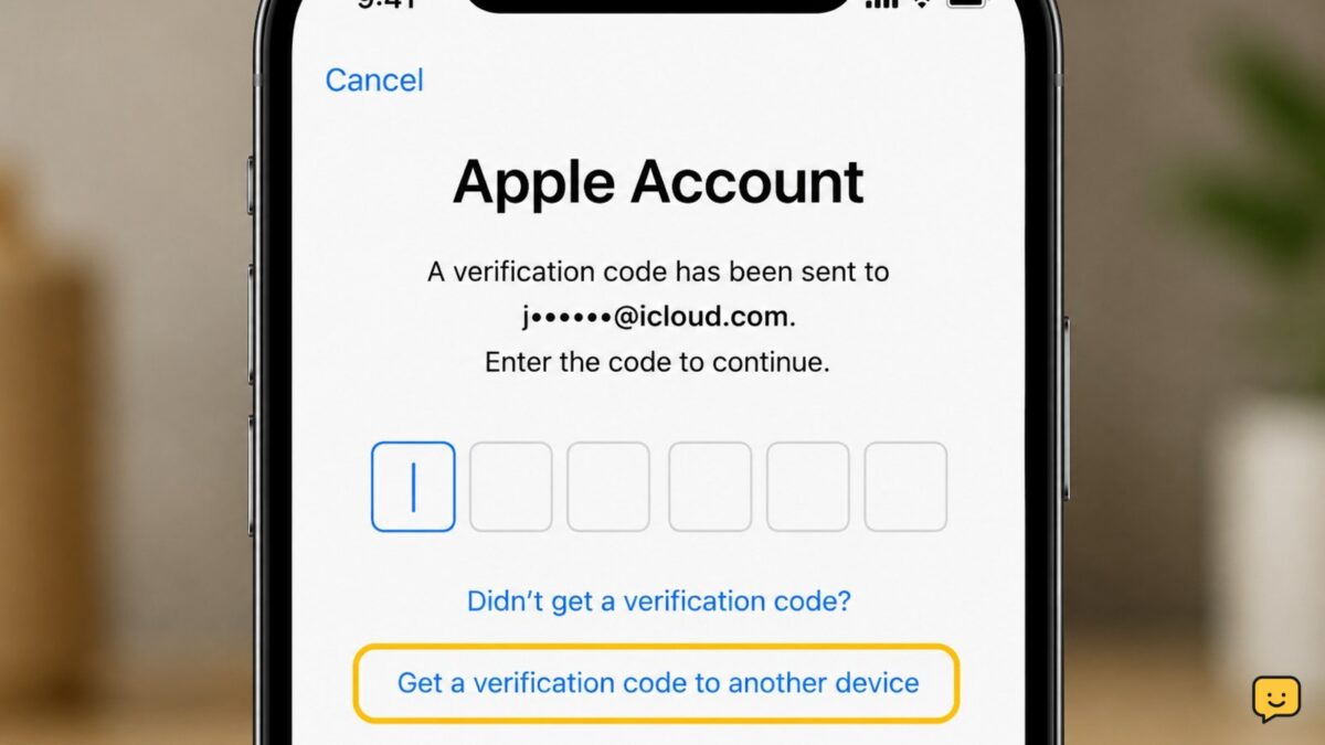 Apple Account sign-in screen showing a verification code field and the option to get another code