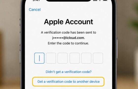 Apple Account sign-in screen showing a verification code field and the option to get another code
