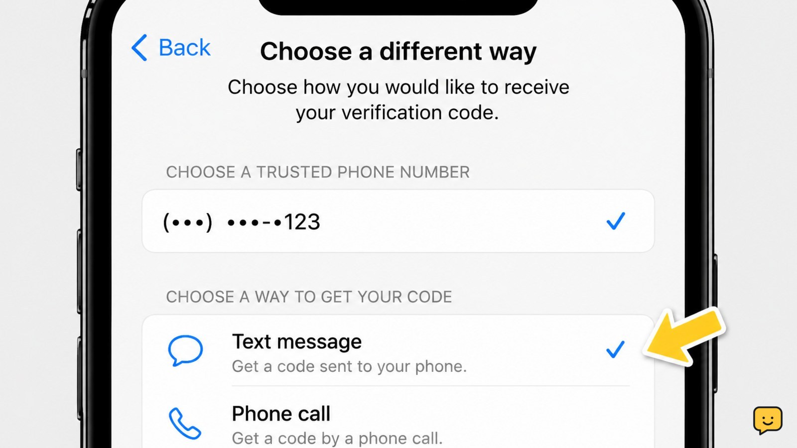 Apple verification screen showing text message and phone call delivery choices for a trusted phone number