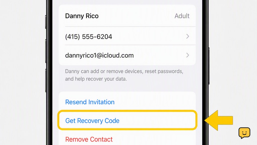 Recovery contact screen with the recovery code option highlighted