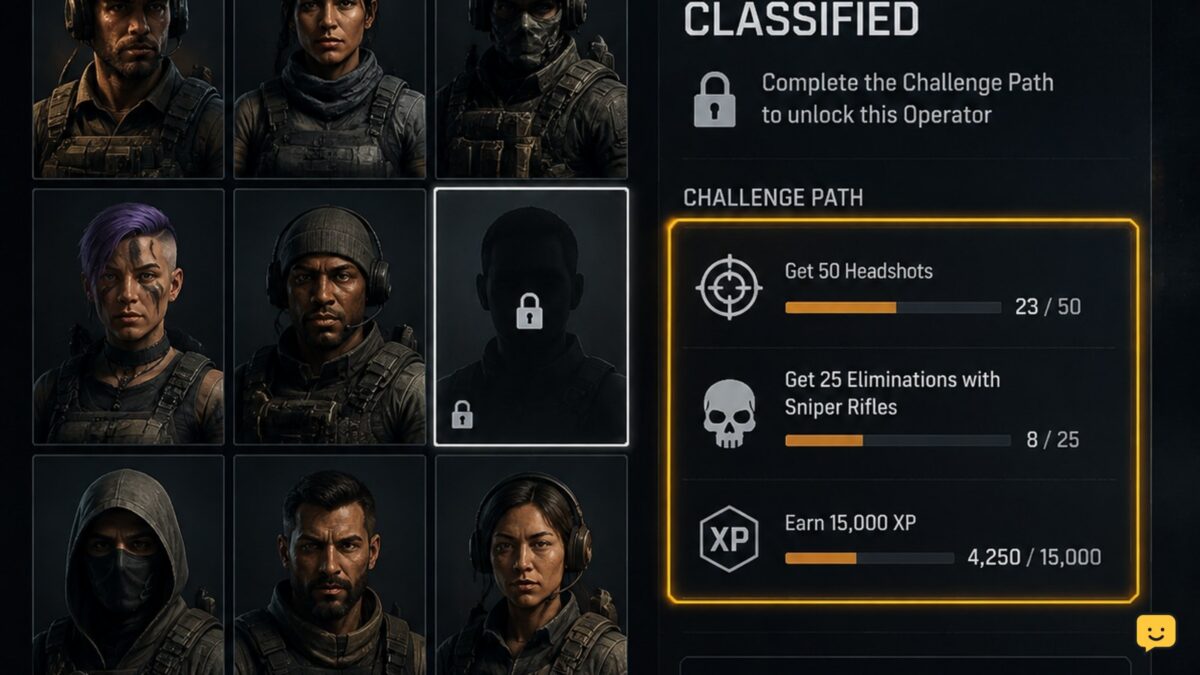 Black Ops 7 Operators menu showing a locked operator and an unlock challenge card