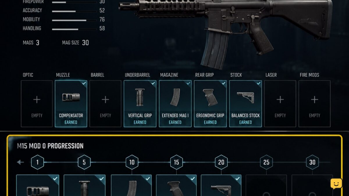 Black Ops 7 Gunsmith screen showing a weapon attachment progression reward and customization slots