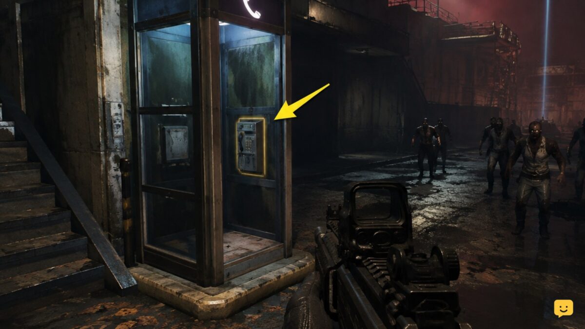 Player approaching a marked phone booth during a Black Ops 7 Zombies exfil.