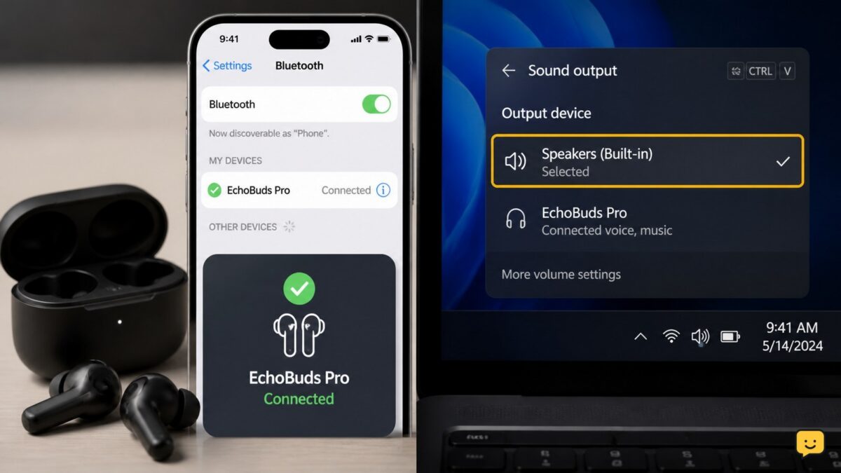 Bluetooth earbuds shown as connected while the device audio output is set to its built-in speakers