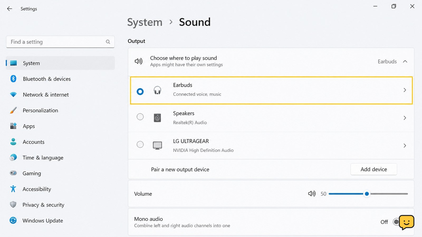 Windows sound settings with Bluetooth earbuds selected under Output