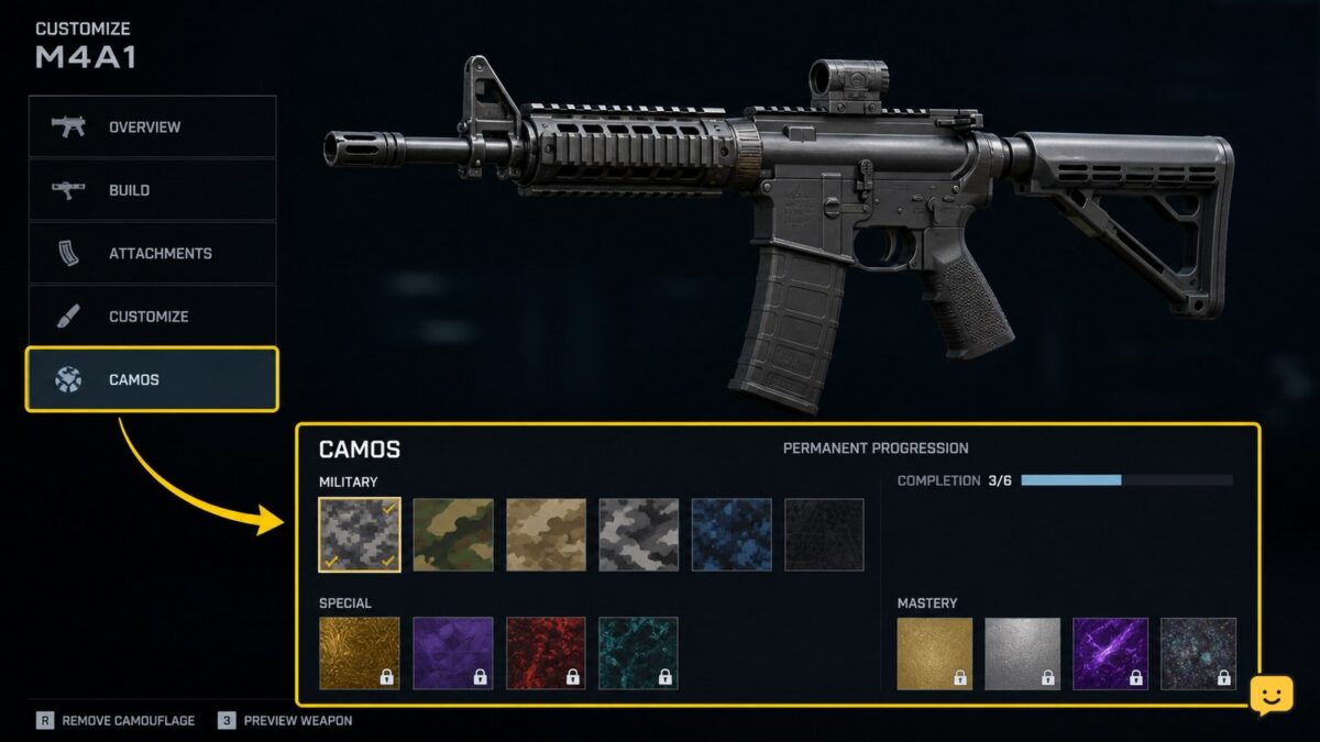 Call of Duty Black Ops 7 weapon customization screen with the Camos section selected