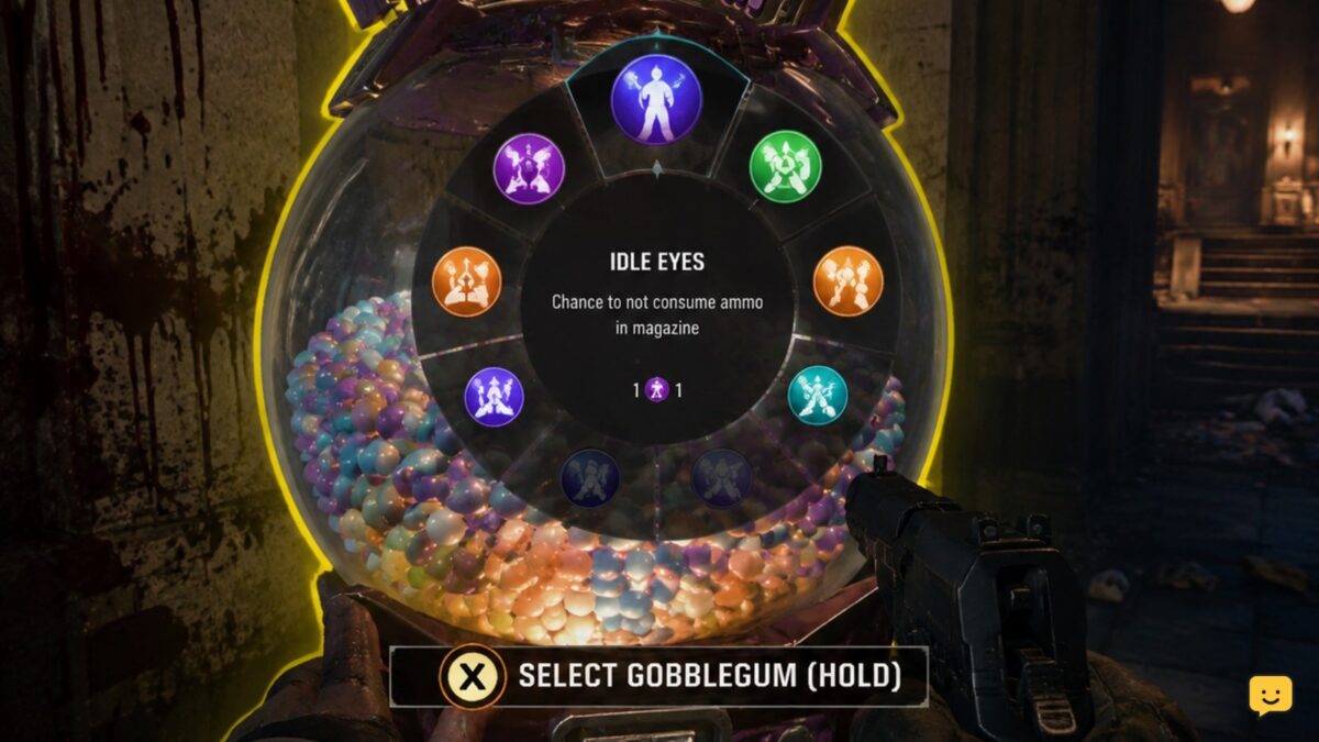 Black Ops 7 Zombies player using a GobbleGum machine with the selection wheel ready