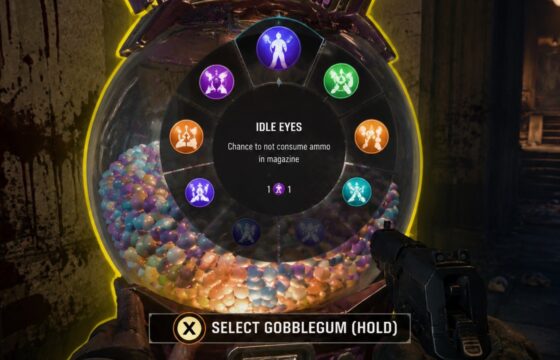 Black Ops 7 Zombies player using a GobbleGum machine with the selection wheel ready