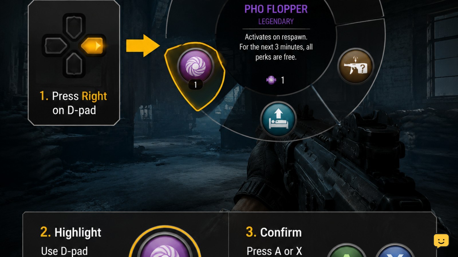 Black Ops 7 Zombies GobbleGum selection wheel showing a highlighted item and controller confirmation prompt