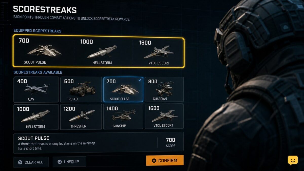 Black Ops 7 multiplayer Scorestreak selection screen with three equipped rewards