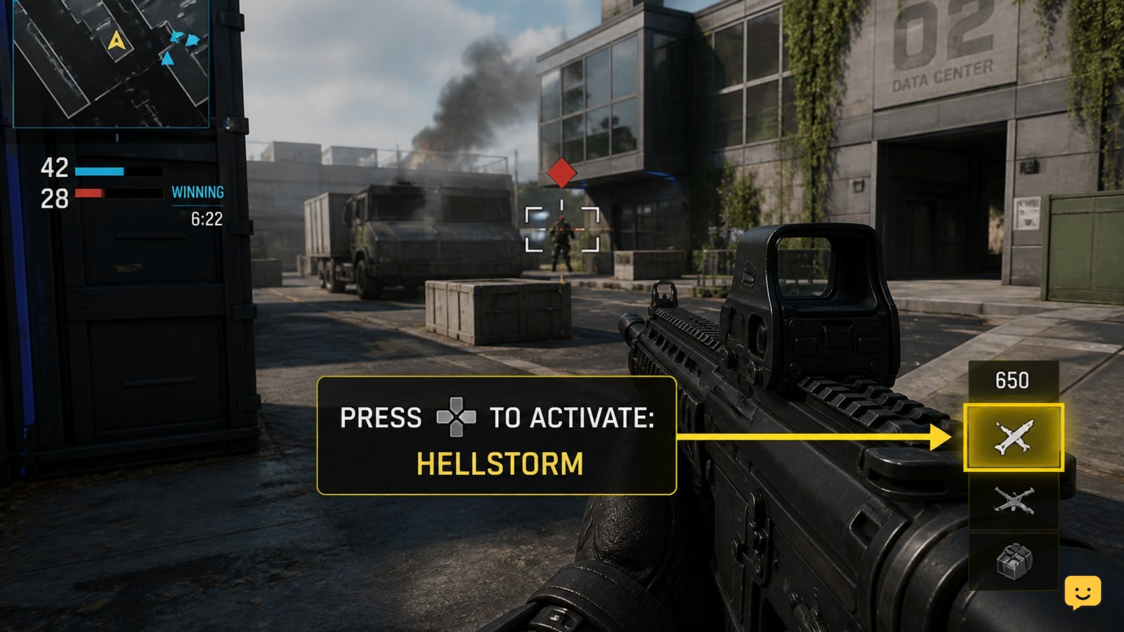 Black Ops 7 multiplayer HUD showing a ready Scorestreak and its activation prompt