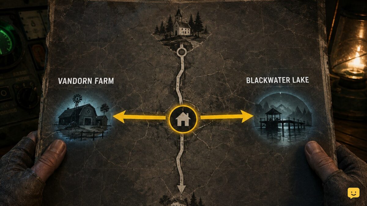 Ashes of the Damned Zombies route showing the first power-site choice between Vandorn Farm and Blackwater Lake