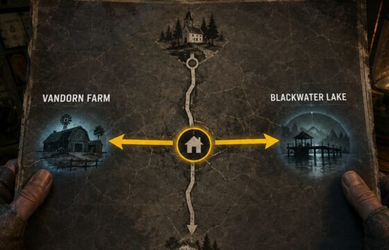 Ashes of the Damned Zombies route showing the first power-site choice between Vandorn Farm and Blackwater Lake