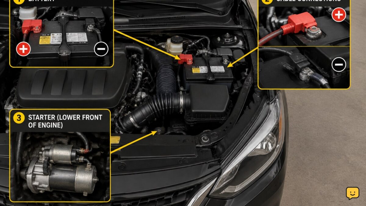 Car with hood open showing the battery, starter circuit, and a single-click no-start diagnostic path