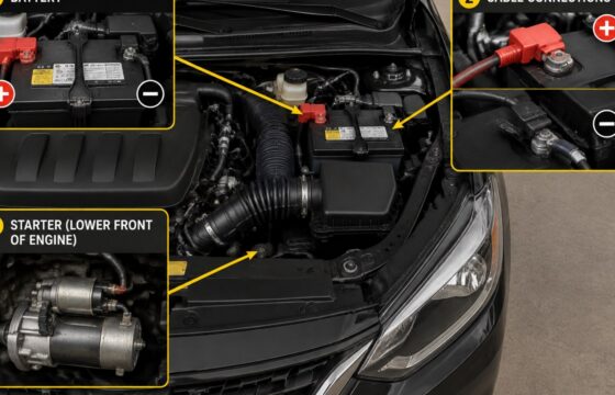 Car with hood open showing the battery, starter circuit, and a single-click no-start diagnostic path