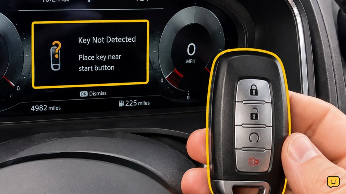 Car dashboard displaying a key not detected warning beside a key fob