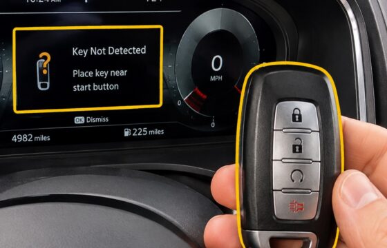 Car dashboard displaying a key not detected warning beside a key fob