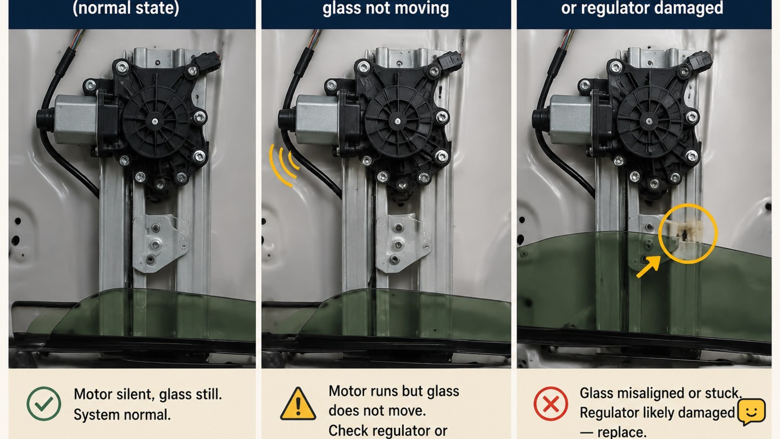 Comparison of silent, humming, and tilted power-window fault symptoms
