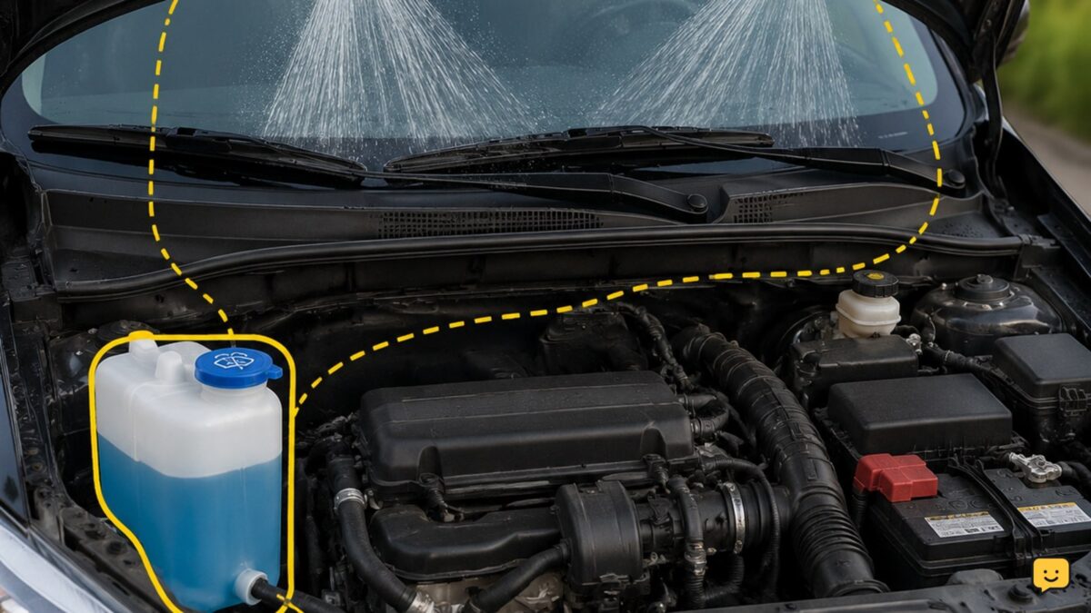 Open car hood showing the windshield washer-fluid reservoir and hood-mounted spray nozzles