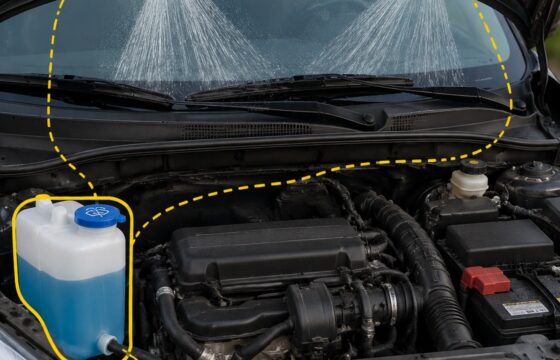 Open car hood showing the windshield washer-fluid reservoir and hood-mounted spray nozzles