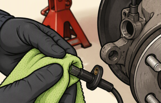 A gloved hand gently wiping an ABS wheel speed sensor with a lint-free cloth