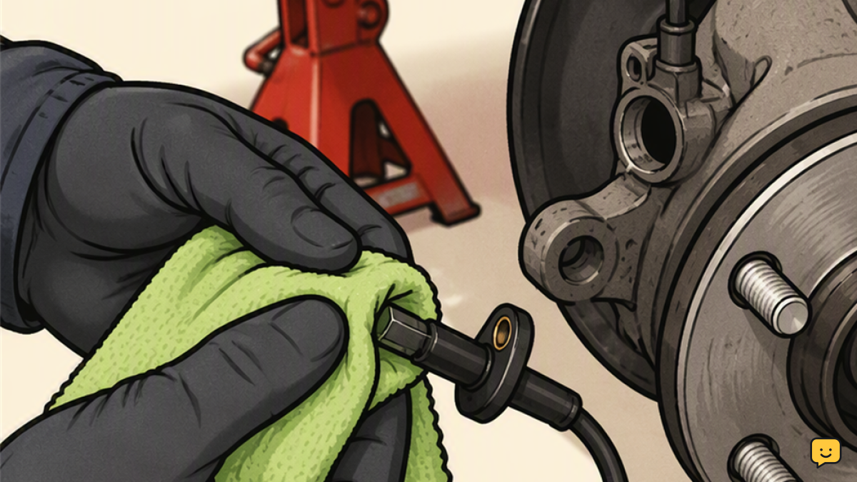 A gloved hand gently wiping an ABS wheel speed sensor with a lint-free cloth