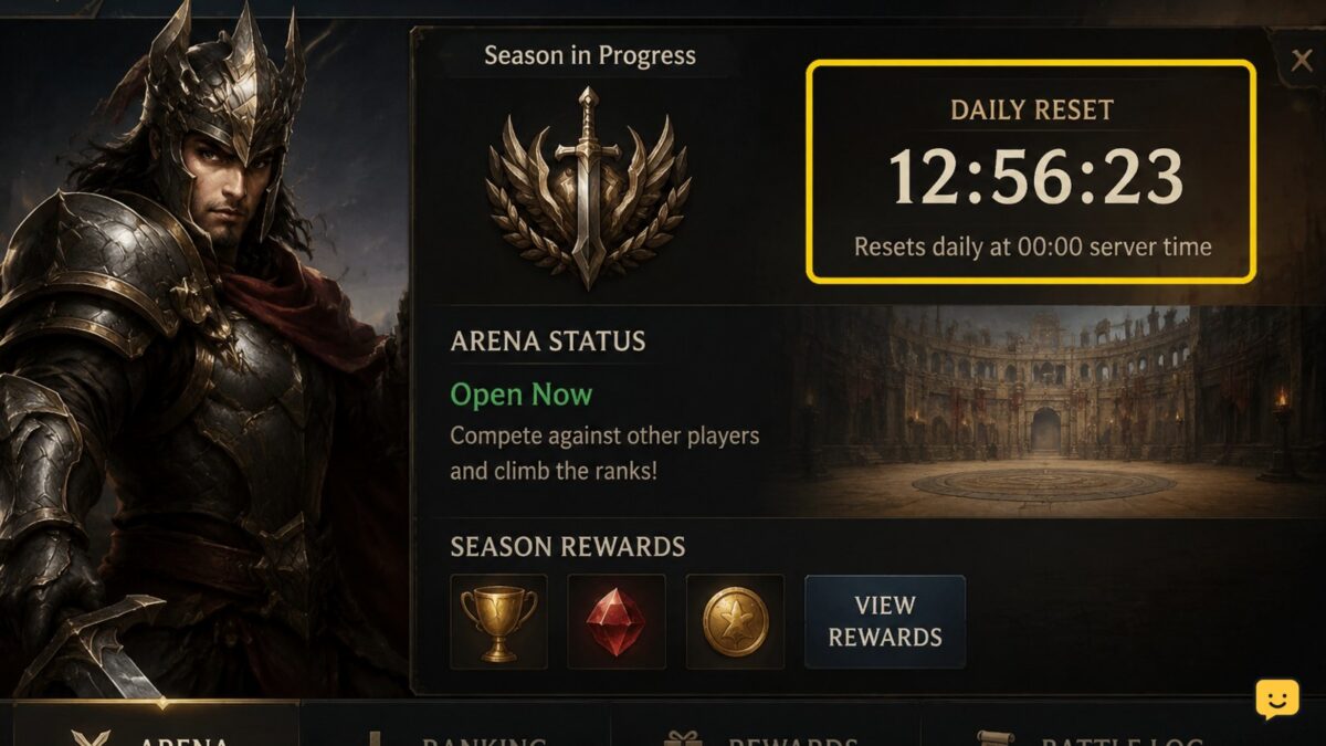 Dragon Sword Awakening Arena menu showing a daily reset countdown and competitive availability status