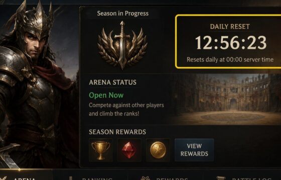 Dragon Sword Awakening Arena menu showing a daily reset countdown and competitive availability status
