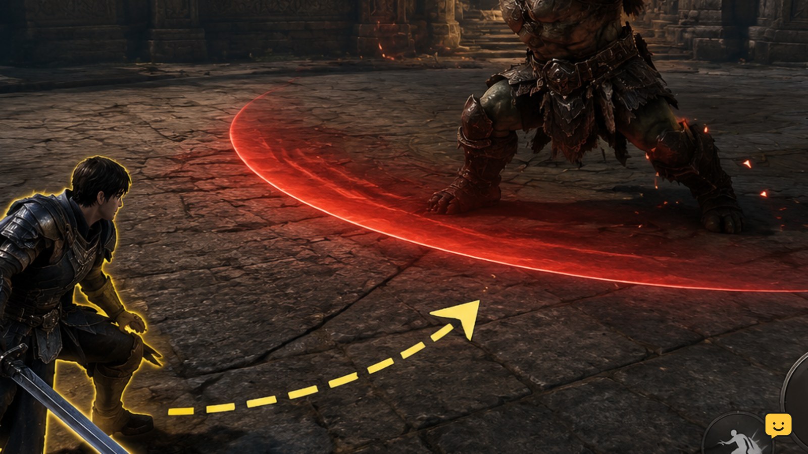 DragonSword: Awakening Prologue Orc Warrior boss fight with the player positioned outside the attack path