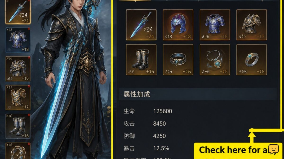 Dragon Sword: Awakening progression interface with equipment and character system tabs visible