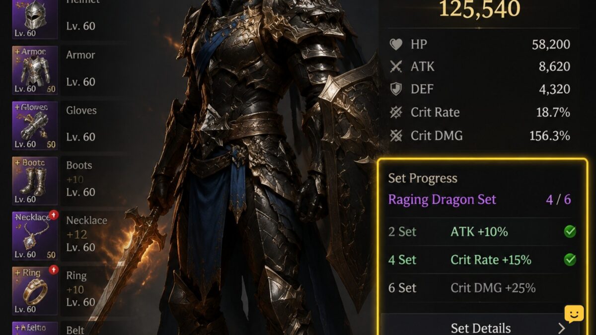 Dragon Sword: Awakening equipment screen showing equipped gear and set progress