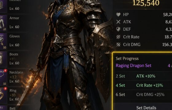 Dragon Sword: Awakening equipment screen showing equipped gear and set progress