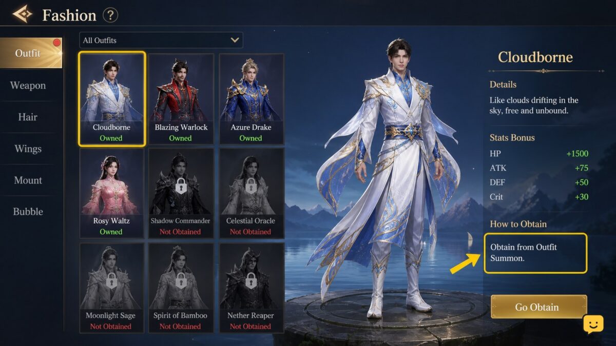 Dragon Sword Awakening fashion screen showing owned and locked costume entries