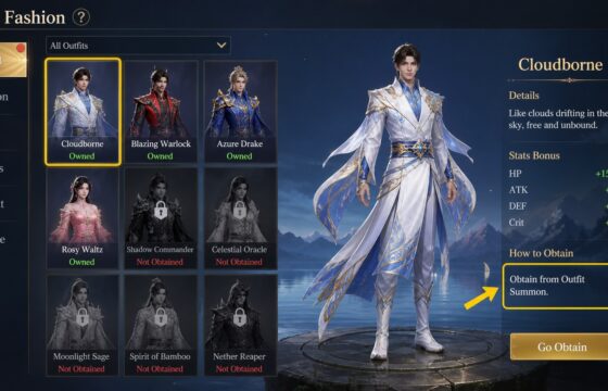 Dragon Sword Awakening fashion screen showing owned and locked costume entries