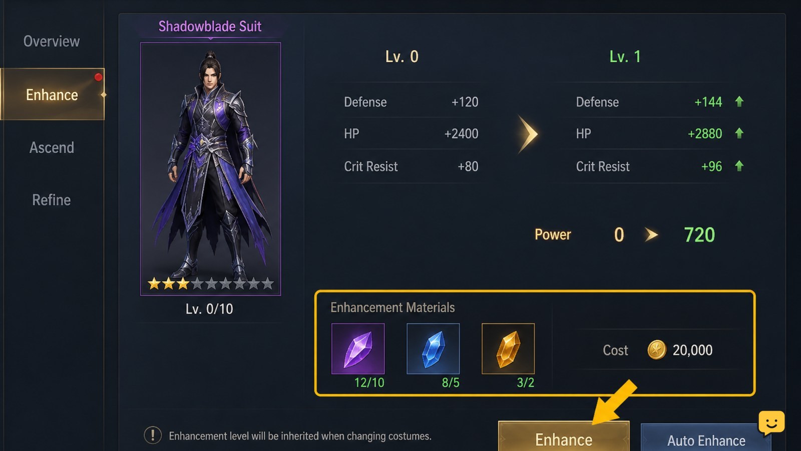 Dragon Sword Awakening owned costume enhancement panel showing materials and previewed result