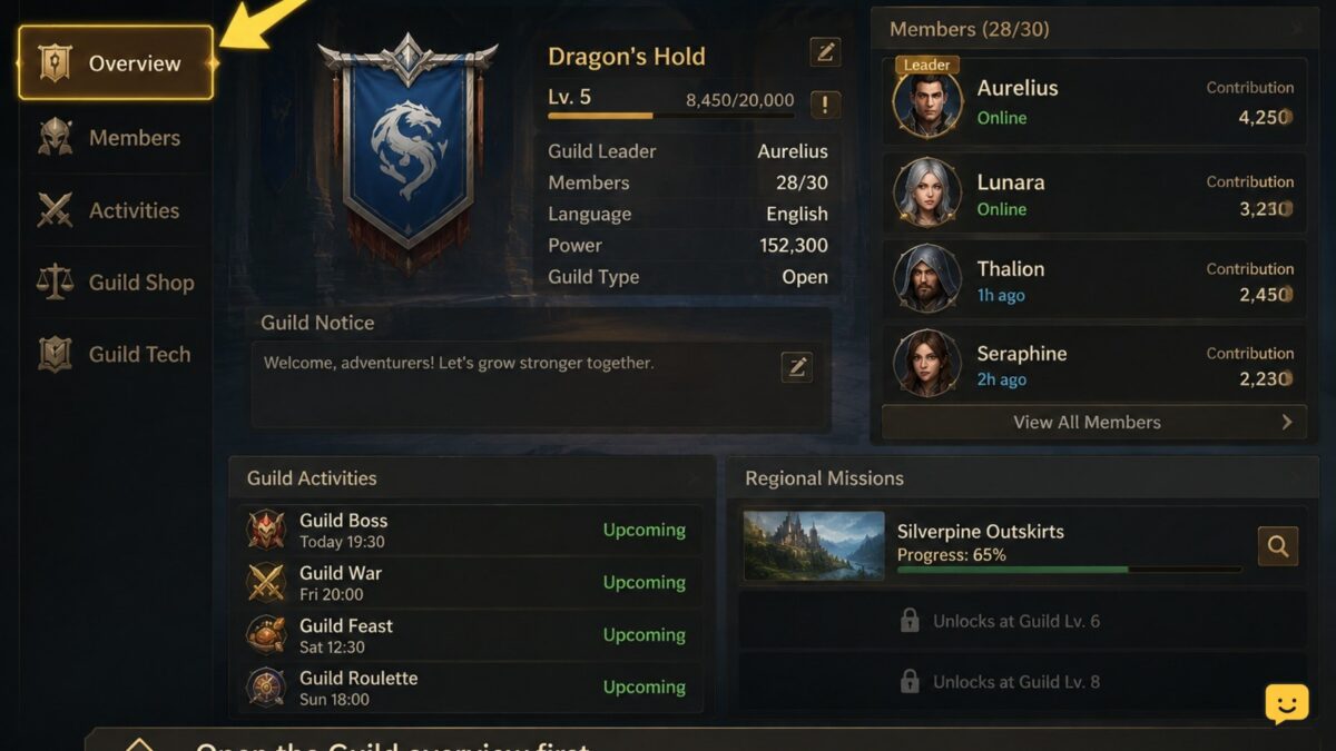 Dragon Sword Awakening Guild overview showing membership and available group activities