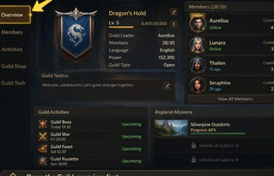 Dragon Sword Awakening Guild overview showing membership and available group activities