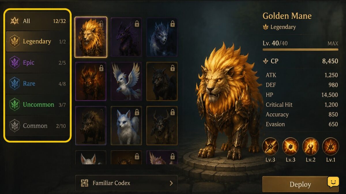 Dragon Sword Awakening familiar collection showing multiple pet categories