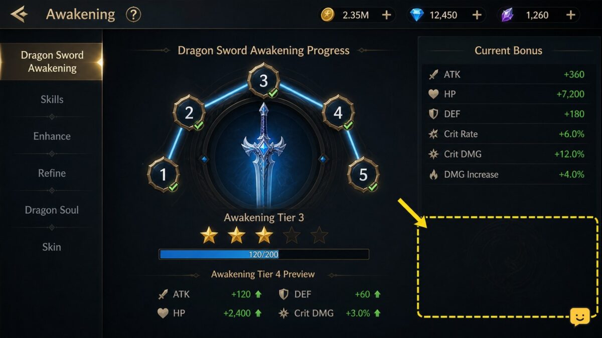 Dragon Sword Awakening progression screen with the reset or Reincarnation option clearly absent or awaiting verification