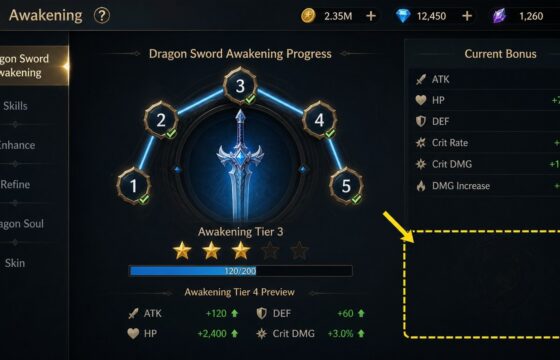 Dragon Sword Awakening progression screen with the reset or Reincarnation option clearly absent or awaiting verification