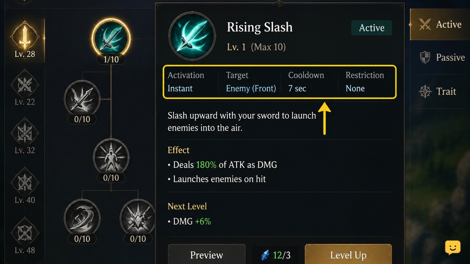 Dragon Sword Awakening character skill panel showing an ability description and cooldown information