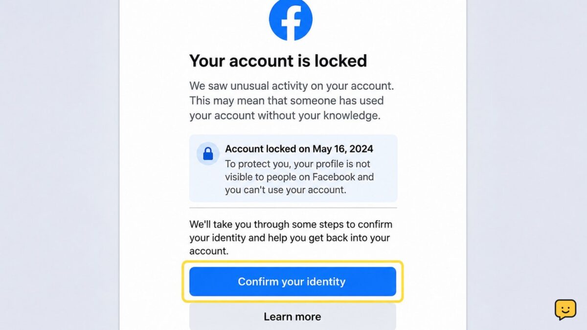 Facebook sign-in screen showing an account lock and a request to confirm identity