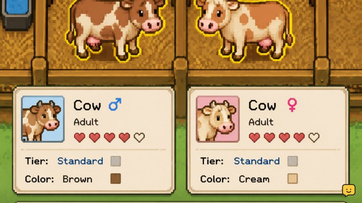 Two adult Fields of Mistria livestock animals displayed for a breeding comparison